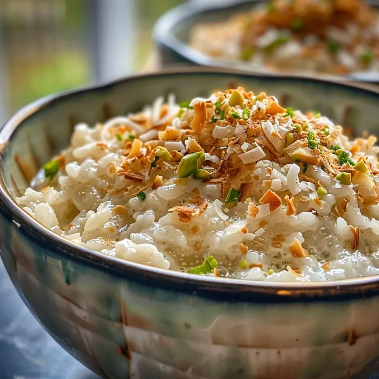 Decadent Coconut Rice Pudding: A Simple Sweet Escape A close-up side view of creamy Coconut Rice Pudding topped with toasted coconut flakes.