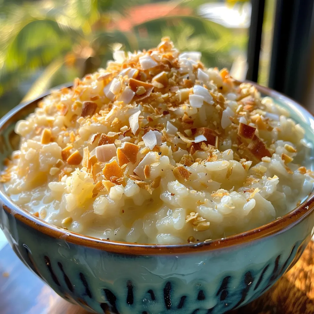 Side view of a bowl of coconut and cardamom rice pudding with a smooth texture.