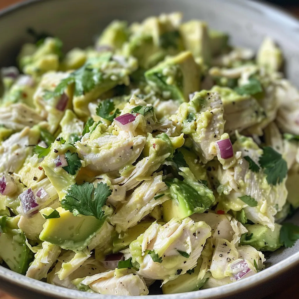 Side view of a vibrant bowl filled with creamy avocado chicken salad garnished with cilantro.