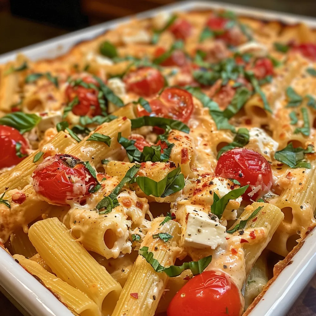 Close-up view of a bowl of creamy pasta topped with feta and basil.