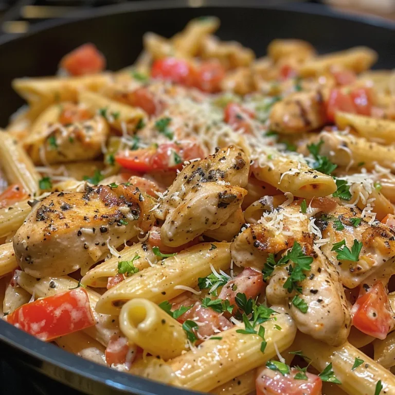 A close-up view of creamy Cajun chicken pasta, showcasing tender chicken pieces and colorful bell peppers.
