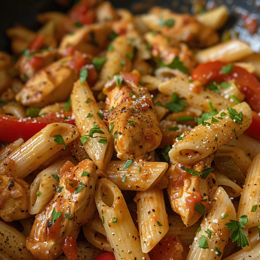 A side view of a bowl filled with creamy Cajun chicken pasta, garnished with fresh parsley.