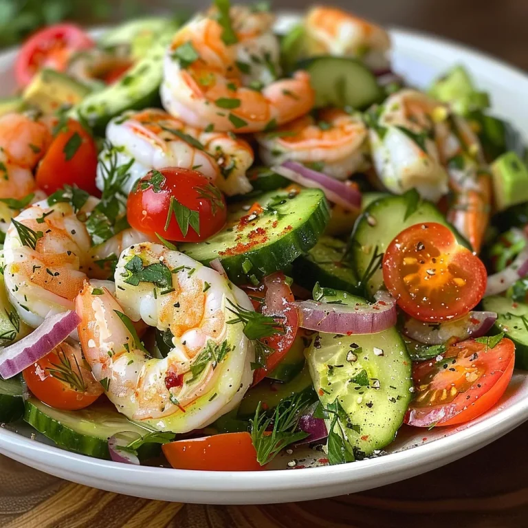 Close-up view of a creamy cucumber shrimp salad with colorful vegetables.