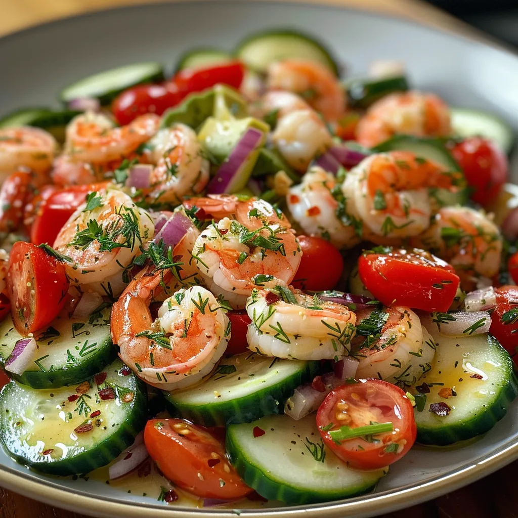 A side view of a vibrant shrimp salad featuring cucumber slices and cherry tomatoes.
