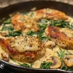 Juicy creamy garlic chicken breast topped with fresh spinach and mushrooms in a skillet.