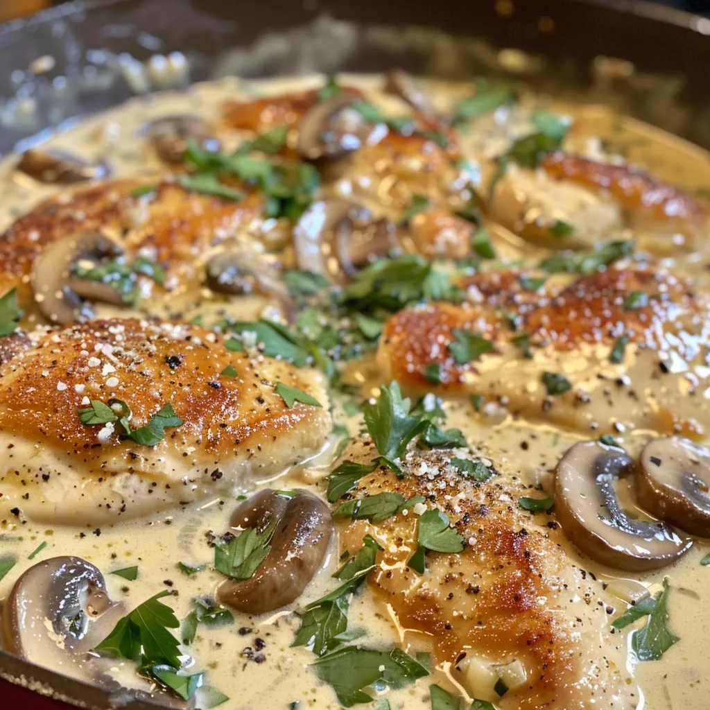 Close-up of a skillet filled with creamy garlic sauce, chicken, and vegetables.