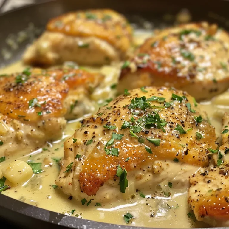 Close-up of creamy garlic chicken on a plate, showcasing its texture and color.