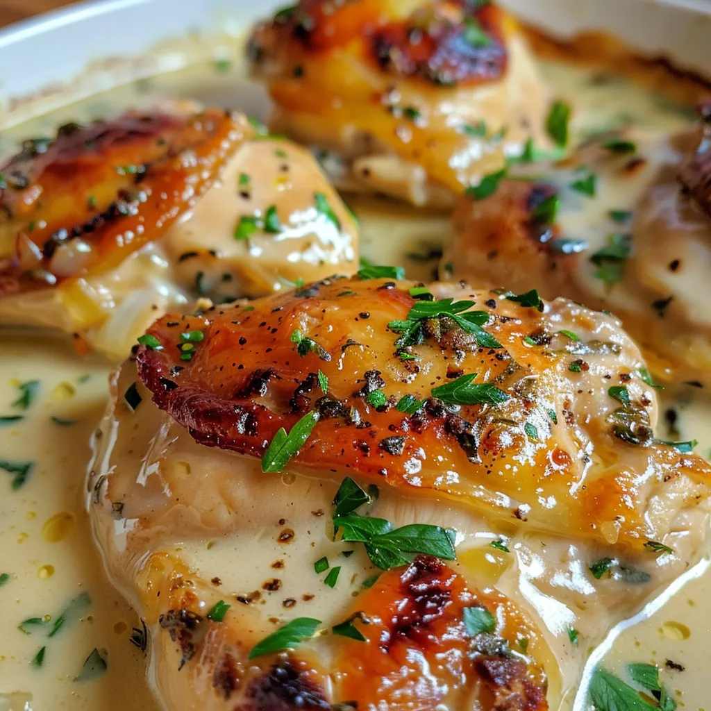 Juicy, golden-brown chicken breast drenched in creamy garlic sauce with herbs.