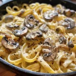 Close-up view of creamy garlic mushroom pasta in a bowl.