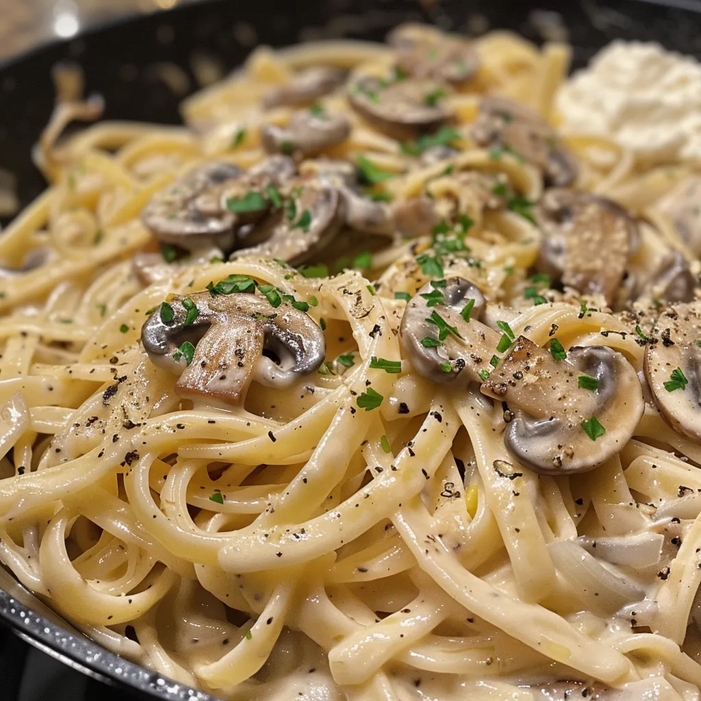 Side view of linguine pasta topped with mushrooms and creamy sauce.