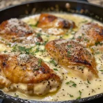 Close-up view of creamy garlic parmesan chicken with a rich sauce.