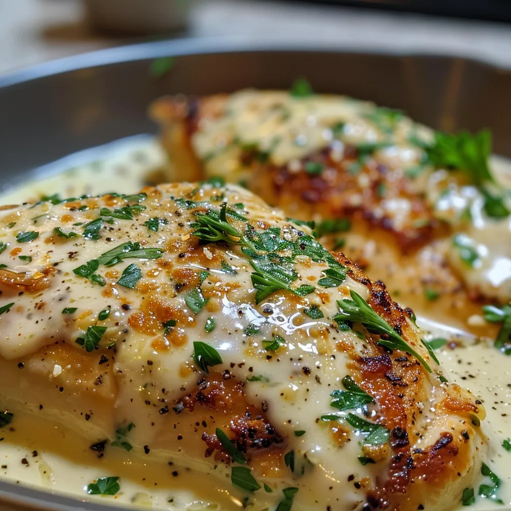 Juicy chicken breasts in a creamy garlic sauce, garnished with parsley.