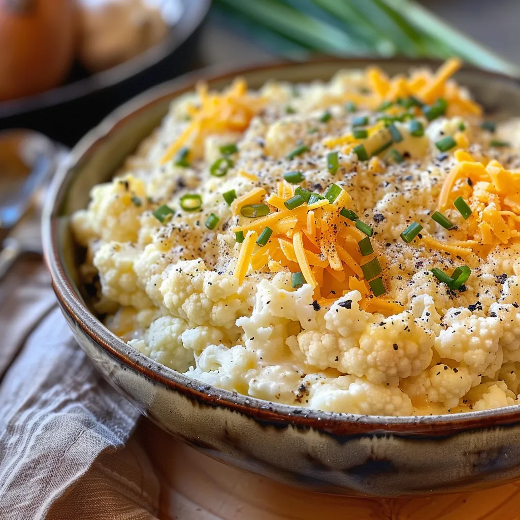 Side view of a bowl of loaded cauliflower mash garnished with melted butter and spices.