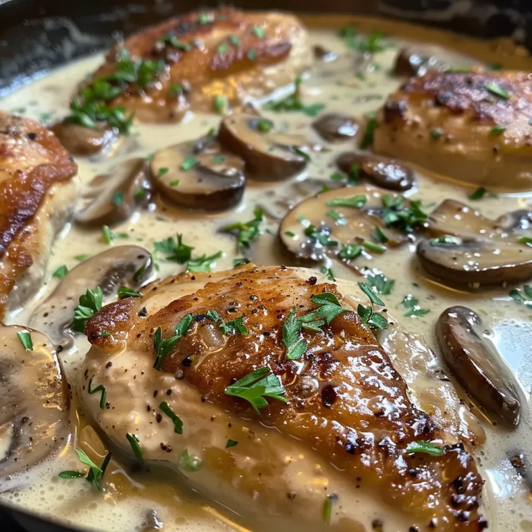 Transform Your Dinner with Creamy Mushroom Chicken: Simple, Delicious, and Totally Doable Close-up of creamy mushroom chicken dish with sliced mushrooms on top.