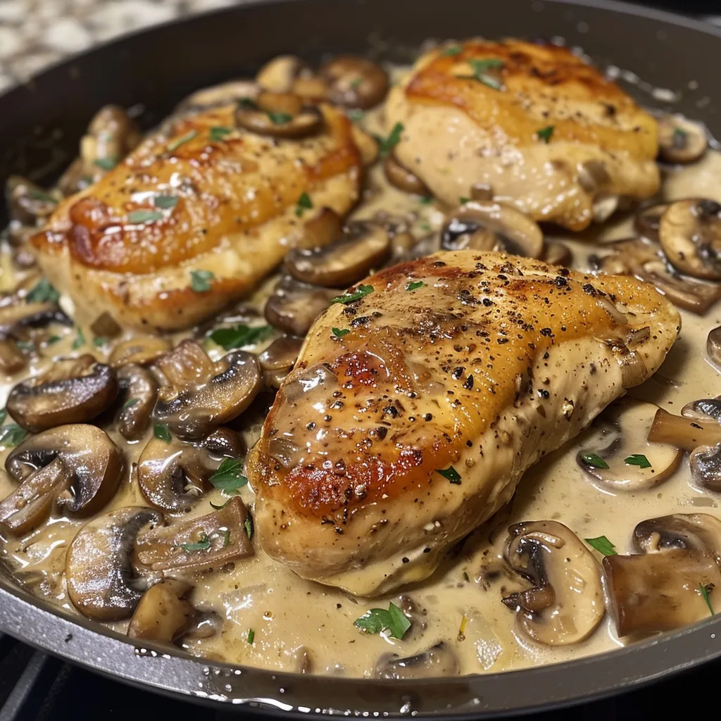 Side view of a juicy chicken breast covered in a creamy mushroom sauce.