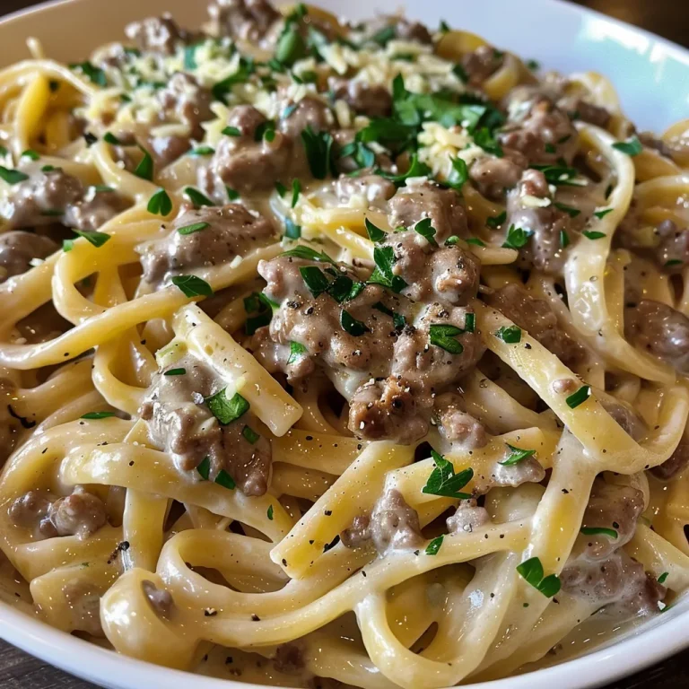 Close-up of creamy linguine pasta with ground beef and parsley.