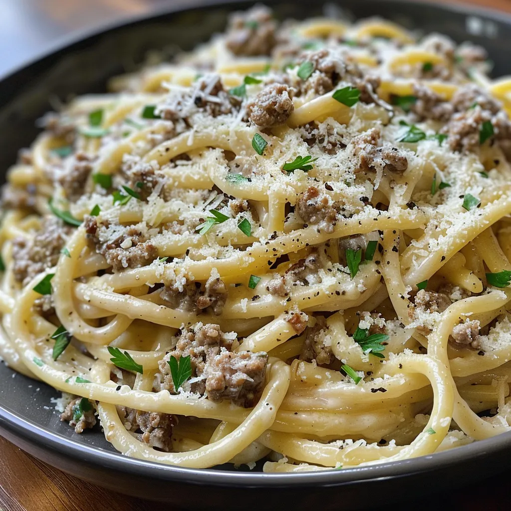 Side view of a dish featuring beef linguine in garlic butter sauce.