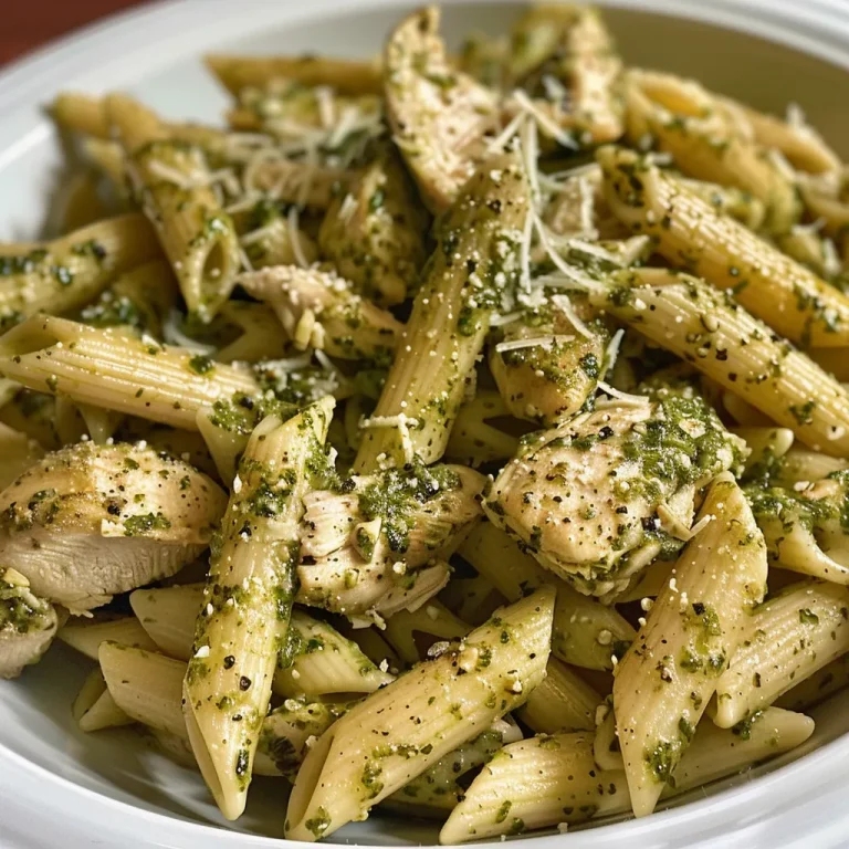 One-Pot Wonder: Whip Up Creamy Pesto Chicken Pasta in a Snap! A close-up view of creamy pesto chicken pasta, showcasing diced chicken and vibrant green pesto sauce.