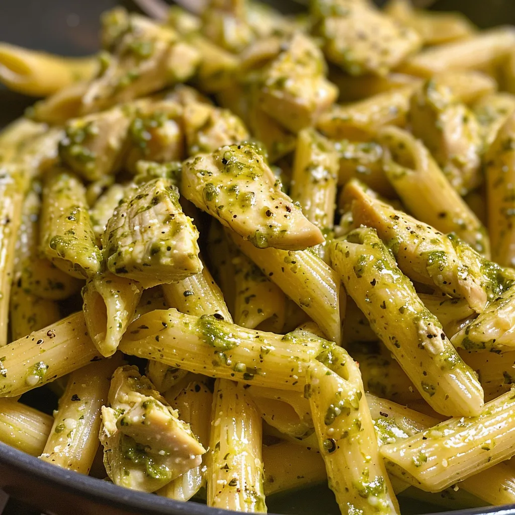 Side perspective of a delicious creamy pesto chicken pasta dish topped with melted cheese and spinach.