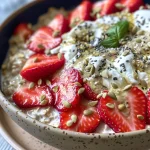 A close-up view of creamy overnight oats topped with fresh strawberries.
