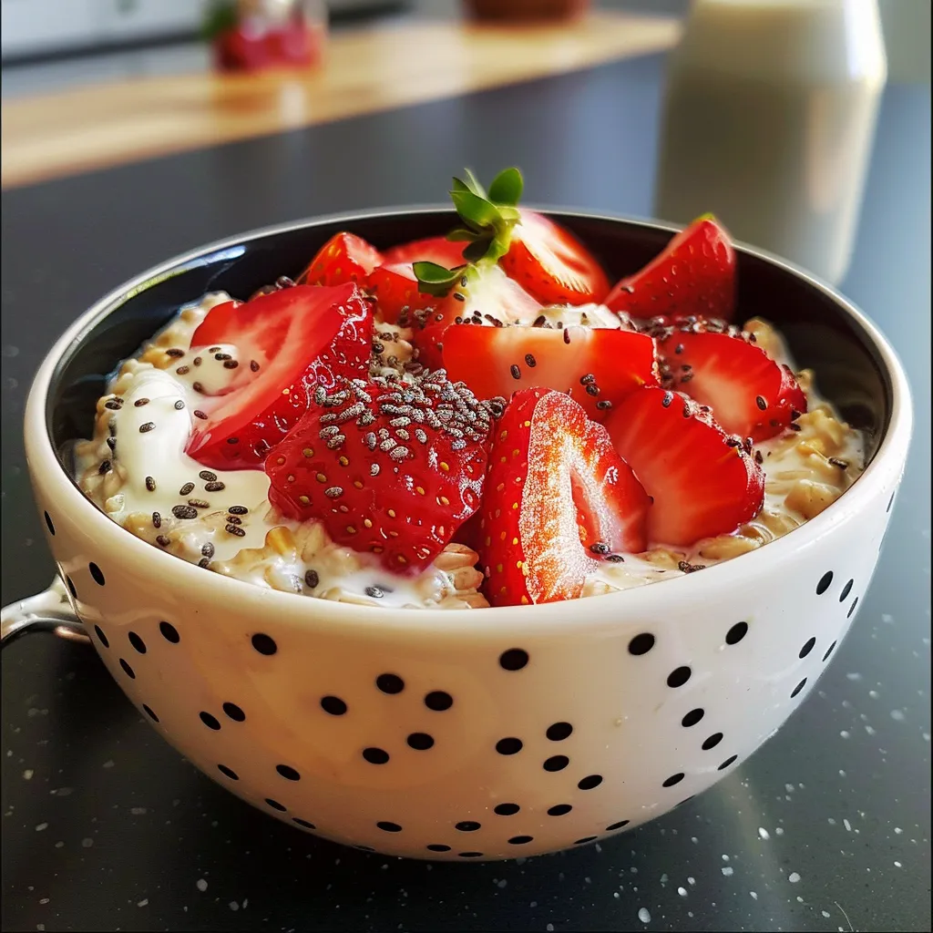Side view of a bowl filled with strawberries and cream overnight oats.