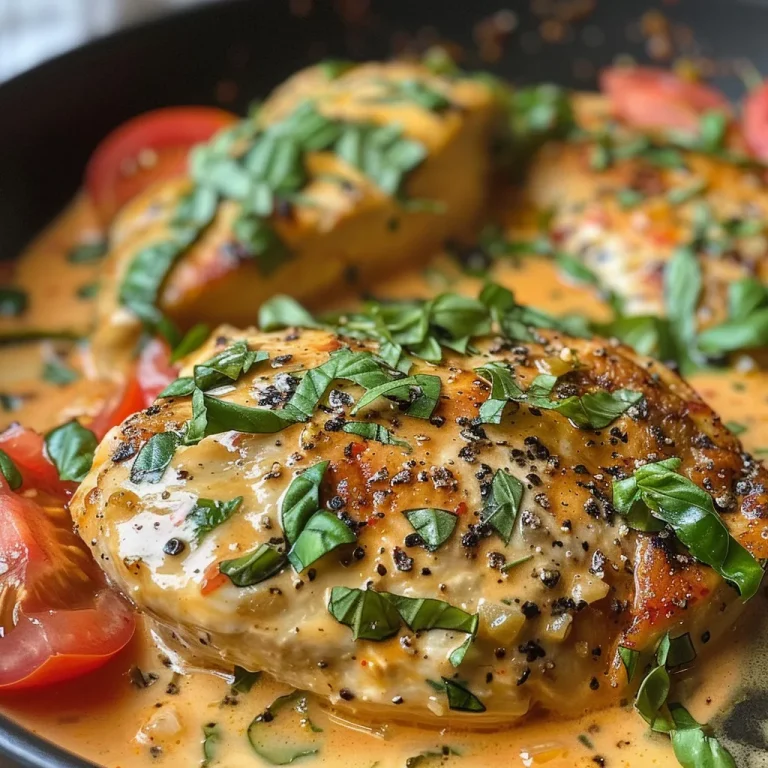 Close-up view of creamy tomato basil chicken breasts garnished with fresh basil.