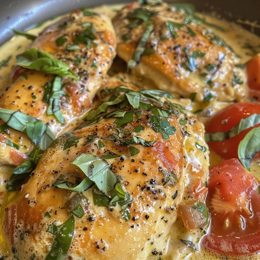 Side view of juicy chicken breasts in a rich tomato sauce, served on a plate.