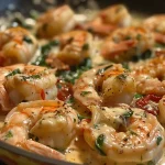 A close-up view of creamy Tuscan shrimp, showcasing juicy shrimp in a rich sauce with spinach and sun-dried tomatoes.