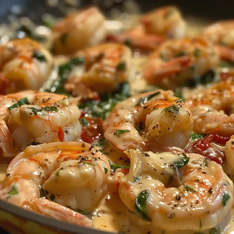A close-up view of creamy Tuscan shrimp, showcasing juicy shrimp in a rich sauce with spinach and sun-dried tomatoes.