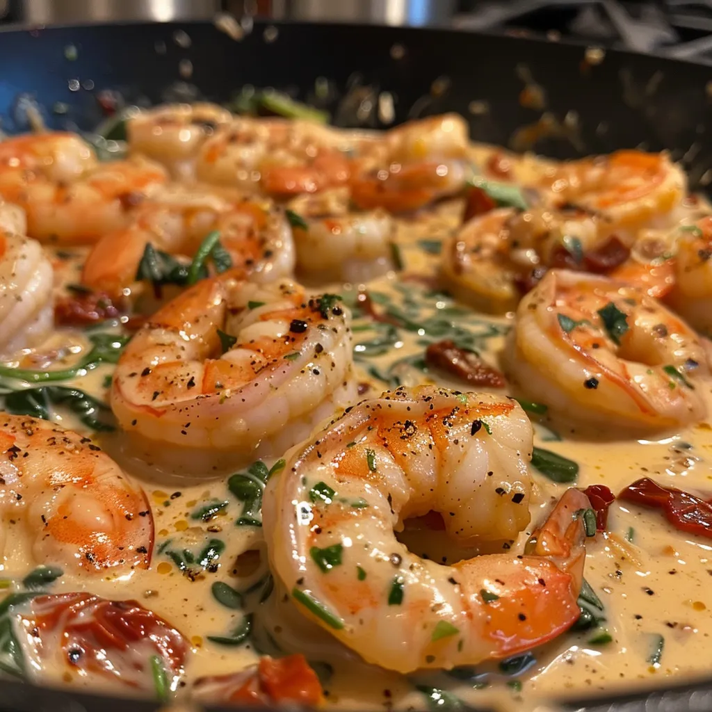 Side view of a serving of creamy Tuscan shrimp, highlighting plump shrimp mixed with a creamy sauce and colorful vegetables.
