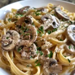 A close-up side view of creamy vegan mushroom pasta garnished with fresh parsley.