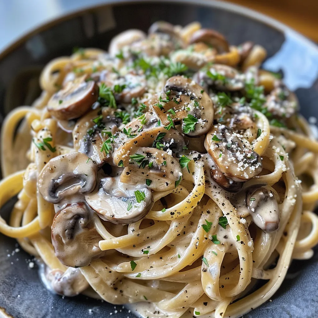 Side view of a bowl filled with mushroom pasta, showcasing a creamy sauce.