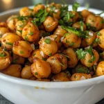 Close-up view of crispy chickpeas in a bowl, showcasing their golden-brown texture.