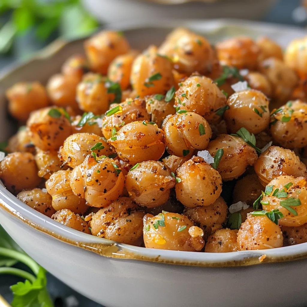 Side view of air-fried chickpeas, highlighting their crunchy appearance and seasoning.