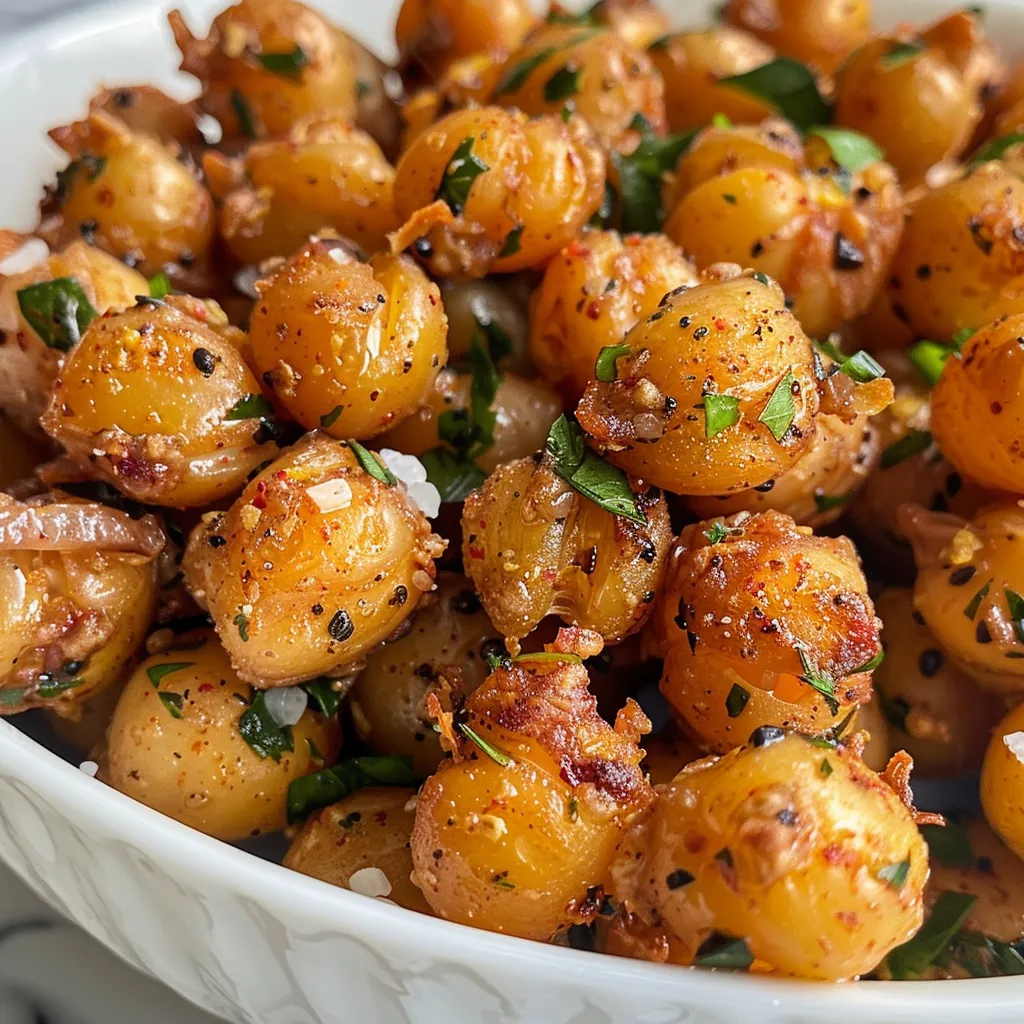 Side view of seasoned crispy chickpeas with a crunchy texture.