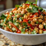 Close-up of a vibrant Crunchy Thai Chickpea Salad featuring diced red bell pepper and cucumber.