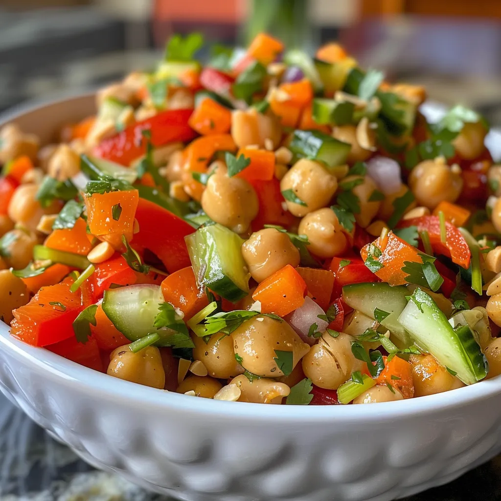 Side view of a colorful salad with chickpeas, grated carrots, and fresh cilantro leaves.