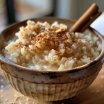 Close-up of creamy dairy-free rice pudding with a sprinkle of cinnamon.