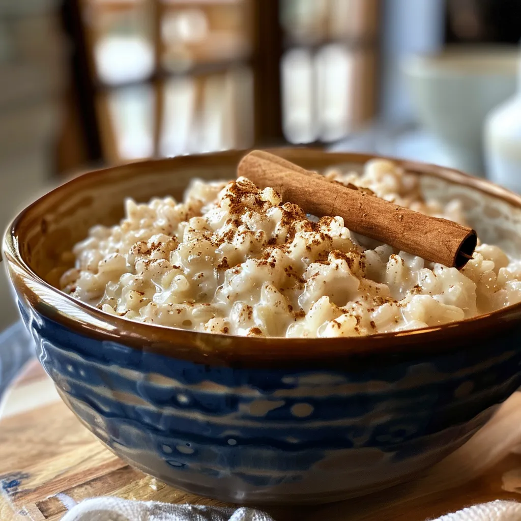 Side view of a bowl filled with smooth, coconut milk-based rice pudding.