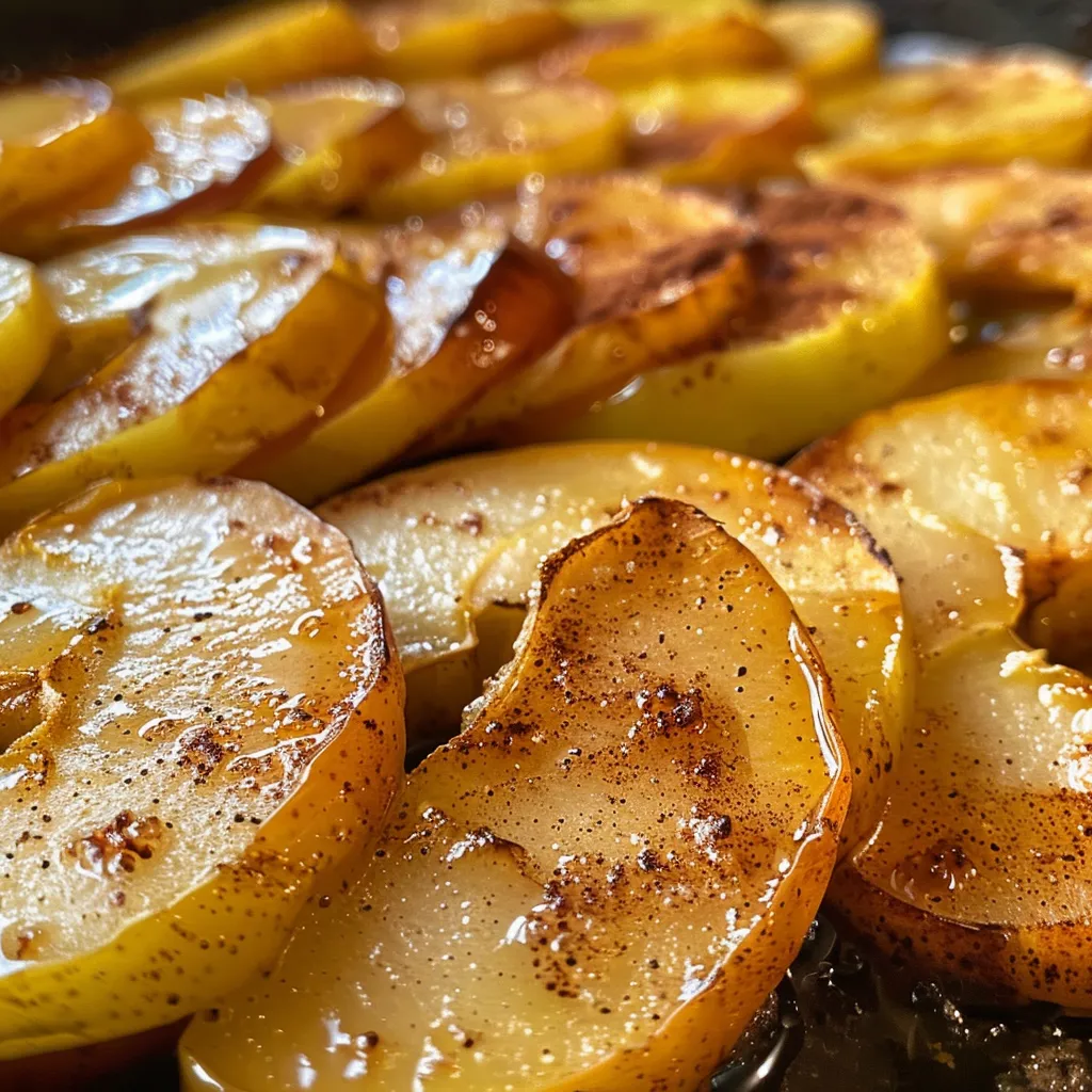 Side view of warm baked apple slices with a cinnamon dusting on a plate.