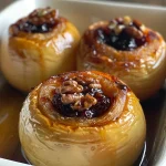 Close-up view of baked apples with brown sugar and cranberries.