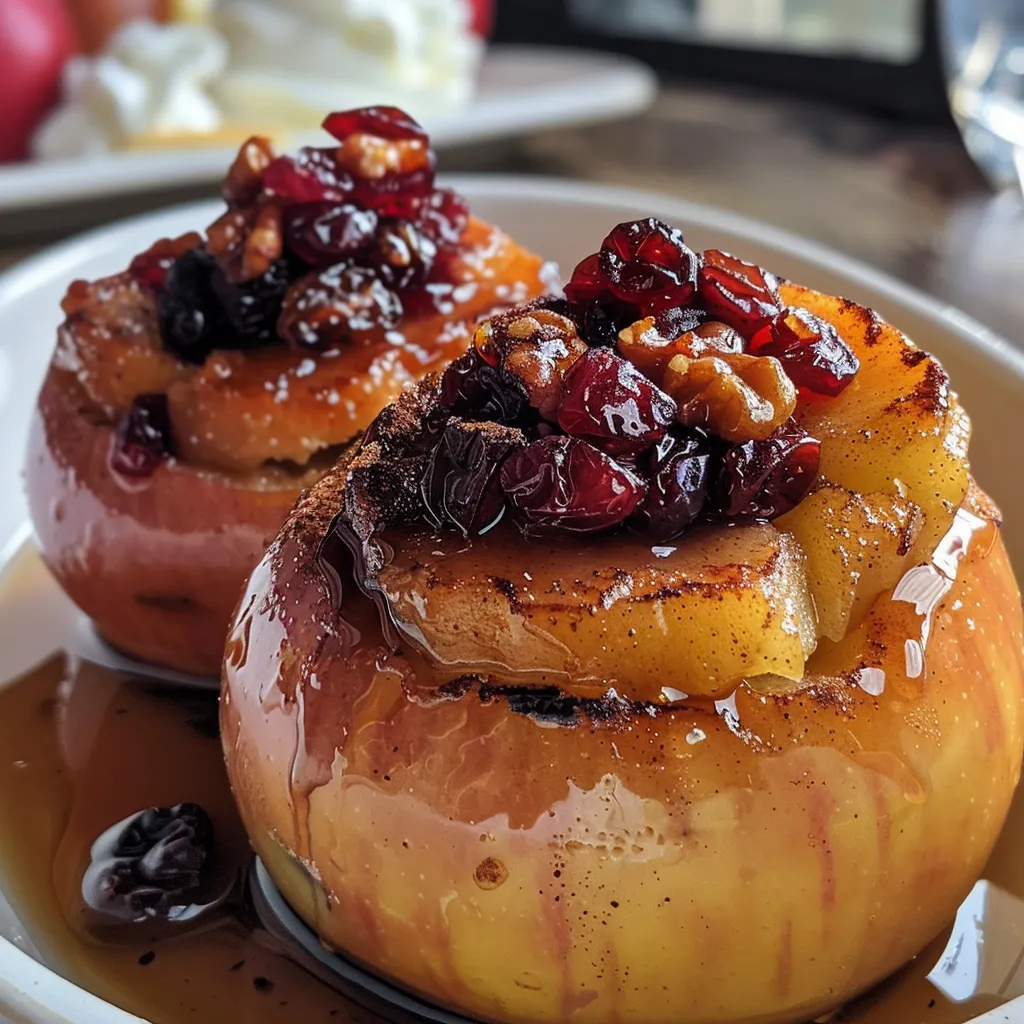 Juicy baked apples topped with cinnamon and walnuts.