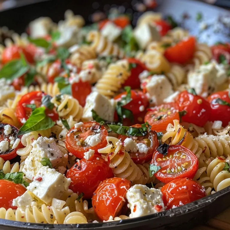 A close-up view of baked feta cherry tomato pasta adorned with fresh basil.