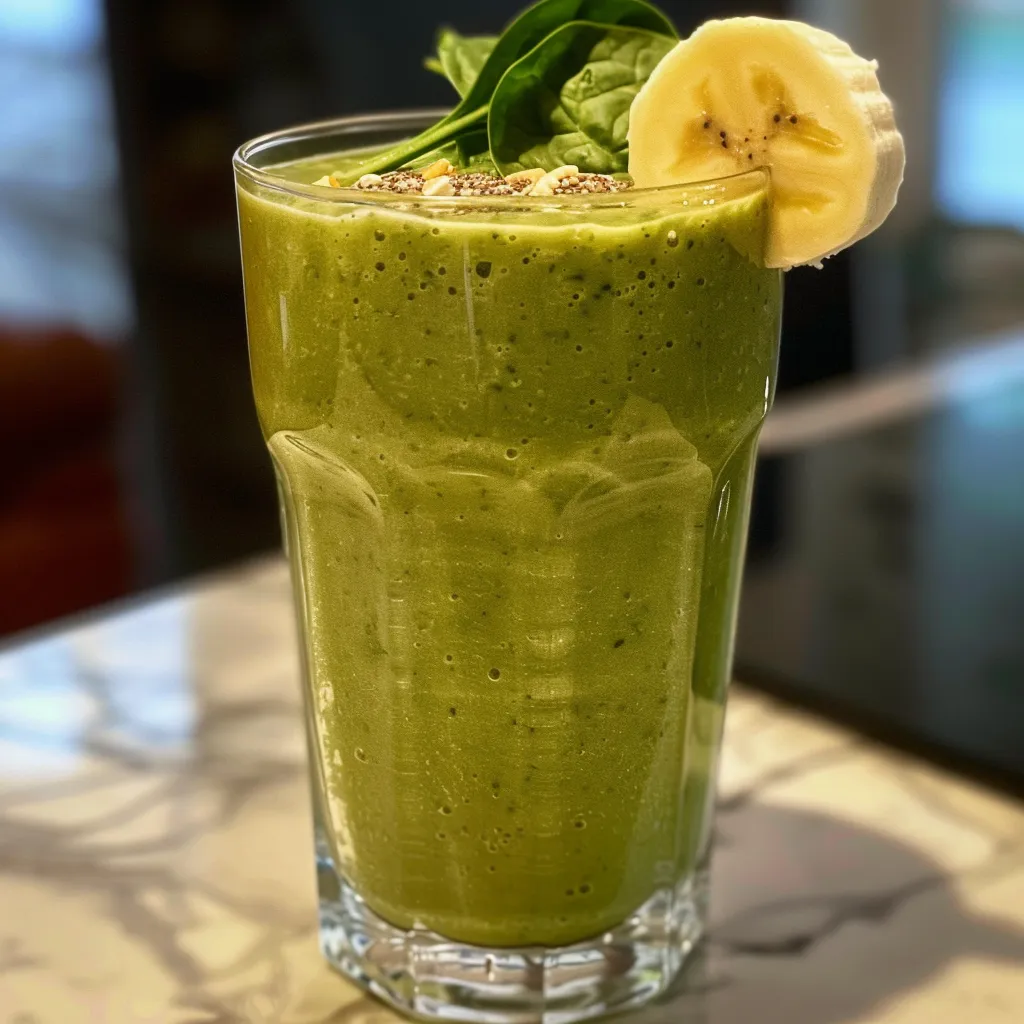 Side view of a delicious banana spinach smoothie, highlighting its vibrant green color and creamy texture.