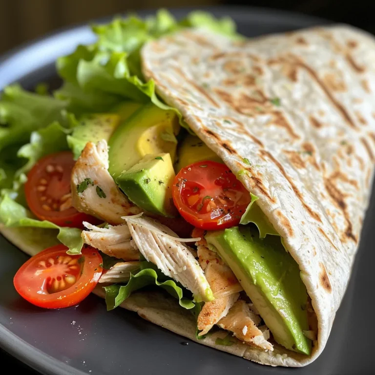 Close-up view of a chicken avocado wrap with vibrant ingredients.