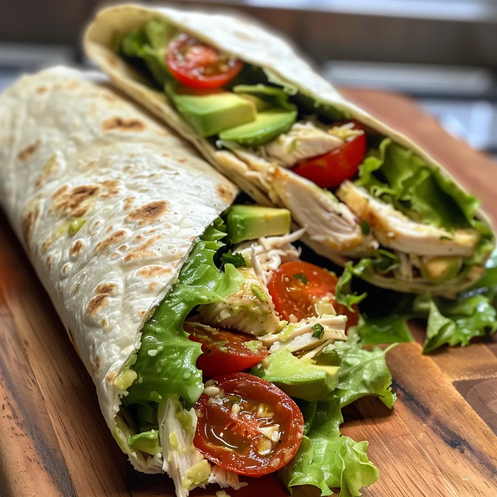 Side perspective of a juicy chicken avocado wrap on a plate.