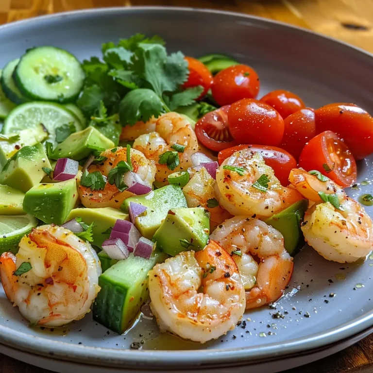 A close-up view of a vibrant shrimp and avocado salad featuring chopped vegetables and herbs.
