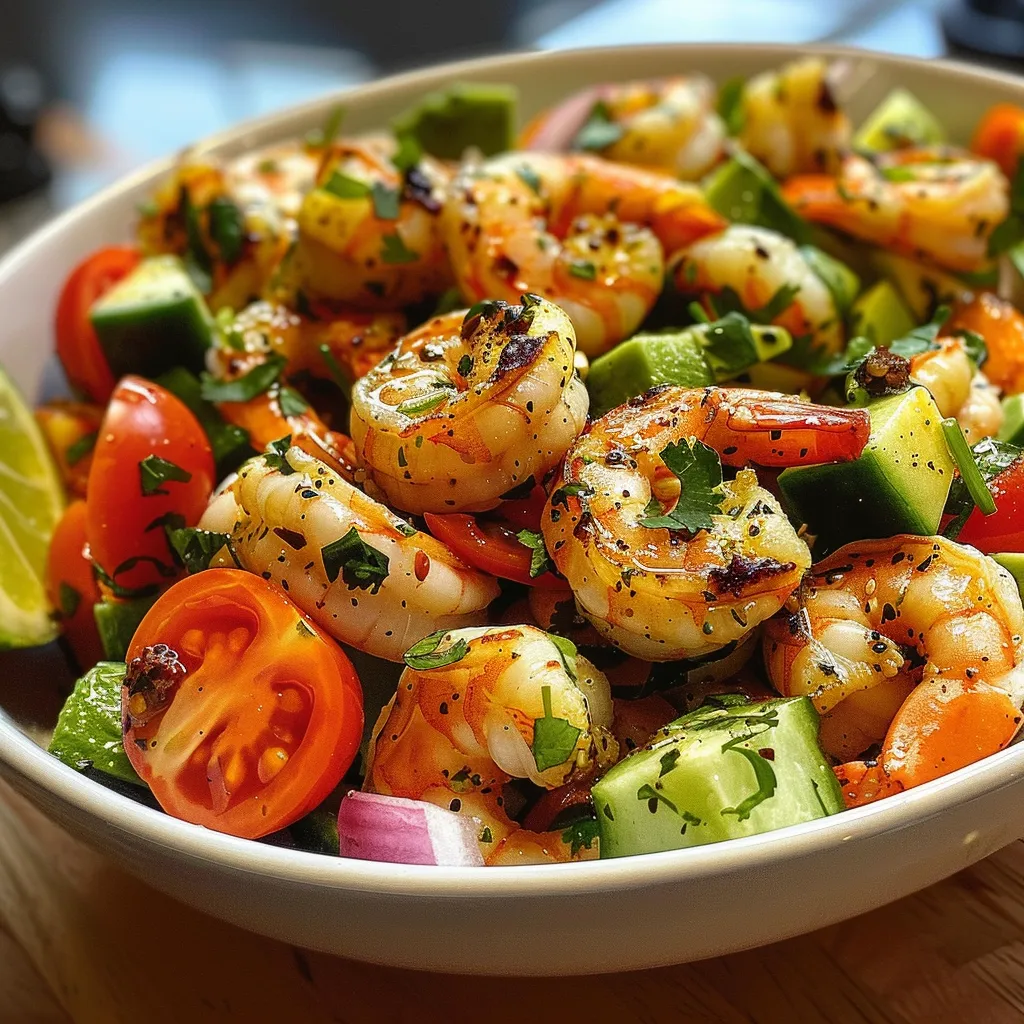 A side view of a colorful Easy Cold Shrimp and Avocado Salad with shrimp, avocado, and tomato slices.
