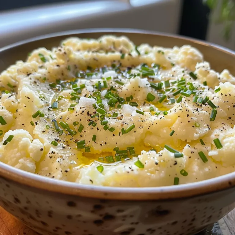 Whip Up Creamy Keto Cauliflower Mashed Potatoes in Just 15 Minutes! Close-up view of creamy cauliflower mashed potatoes topped with chives.