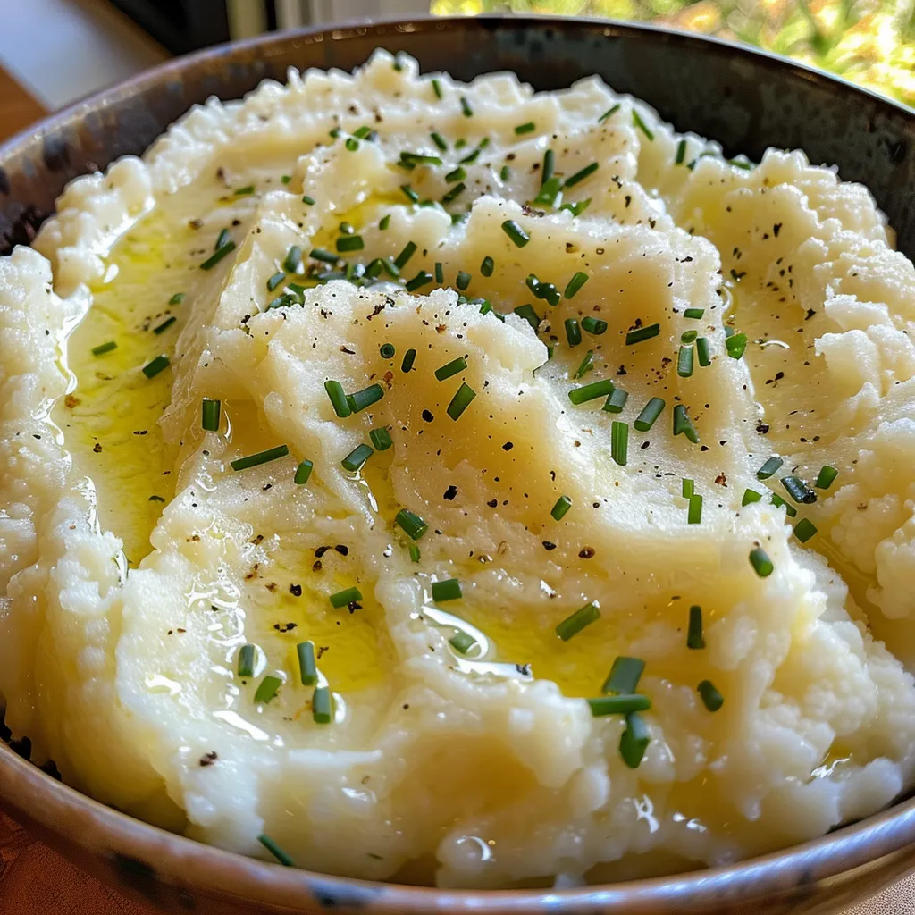 Side perspective of a bowl of Easy Keto Cauliflower Mashed Potatoes.